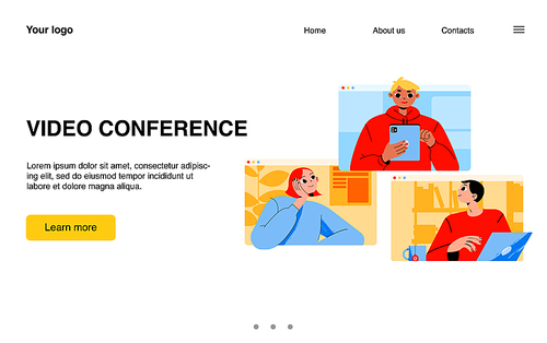 Online video conference landing page, business characters, office workers webcam group call via internet. Employees remote briefing with boss and colleagues on pc screens, Line art vector web banner