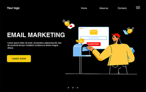 E-mail marketing landing page with postman girl put letter envelopes in mailbox near computer desktop, with browser page. Electronic messages service business concept, Line art flat vector web banner