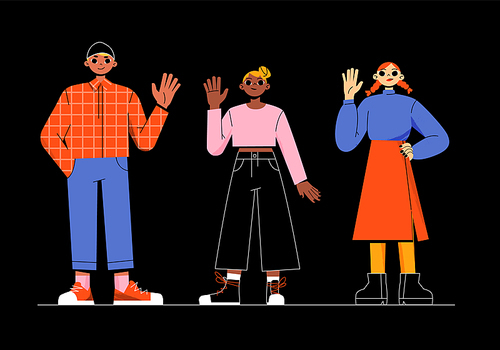 Diverse people waving hands, multinational happy young male and female characters in casual clothes greeting gesturing, positive friendly gestures, body language. Line art flat vector illustration