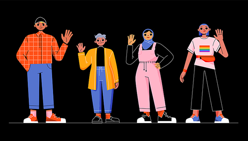 Diverse people hello and welcome gesture. Multinational characters waving hands, happy young man, senior lady, arab girl and lgbt person positive greeting gesturing, Line art flat vector illustration