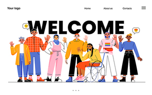Welcome landing page. Diverse people group, business team, disabled and healthy characters waving hand show greeting gesture. Multinational men and women saying hello, Line art flat vector web banner