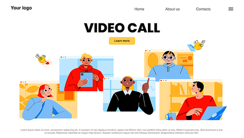 Video call, online conference landing page. Business characters, office workers webcam group communication via internet. Employees remote briefing on computer screens, Line art flat vector web banner