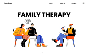 Family therapy landing page, married couple visit psychologist for solving problems. Psychotherapeutic meeting, wife and husband characters talk to doctor on session, Line art flat vector web banner
