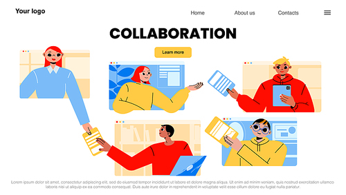 Collaboration banner. Concept of business partnership, teamwork, corporate communication. Vector landing page of team cooperation with flat illustration of people on screens sharing documents
