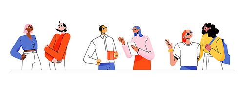 People talk together. Concept of conversation, social network, communication in team or couple. Vector flat illustration of friends dialog, two characters speak