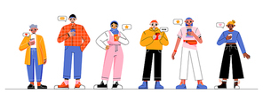 Diverse people use mobile phone. Vector flat illustration of multiracial group with smartphones, girl in hijab, senior adult woman, young characters with gadgets