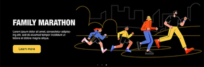 Family marathon web banner, invitation to outdoor running physical activity for parents and children. Jogging, sports competition, characters healthy lifestyle, Line art flat Vector Illustration