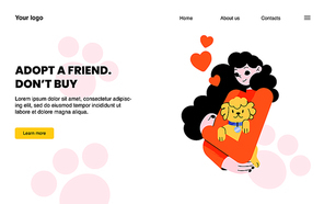 Adopt friend, dont buy. Concept of rescue homeless and lost pets, adoption domestic animals from shelter. Vector landing page with flat illustration of happy woman hold dog