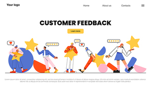 Customer feedback landing page. People holding stars, rating, consumer review, evaluation, satisfaction level and critic. Tiny clients with huge gold stars in hands, Linear flat Vector web banner