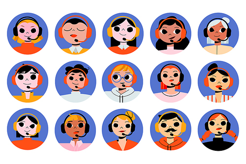 Call center operators avatar or round icons, client support help line workers wear headset with microphone. Telephone sales consultant male and female characters faces, Linear flat vector illustration