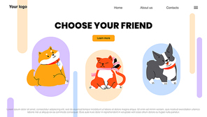 Choose your friend landing page. Home pets cats and dogs adoption, zoo market presentation of cute korgi and shiba inu puppies. Petcare and love to animals concept, Linear flat vector web banner
