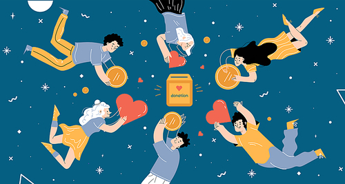 People donate money, bring coins and hearts to donation box. Concept of charity, community assistance, volunteering. Vector flat illustration of volunteer characters on abstract cosmos background