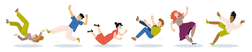 Diverse people fall, fly down. Vector flat illustration of characters tumble after slip or stumble with injury risk. Men and women drop isolated on white 