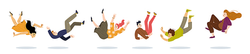 People fall from high, fly down. Vector flat illustration of accident, danger, risk of injury and trauma. Characters in fear and shock tumble from height isolated on white 