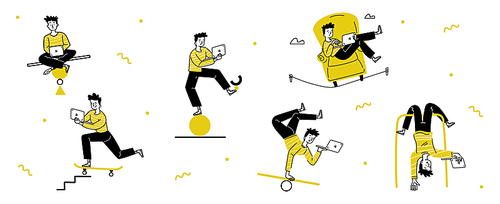 Freelancer life balance concept, man with laptop in hands balancing on unstable surface trying to combine job and home. Freelance, self employed occupation, Linear cartoon flat vector illustration
