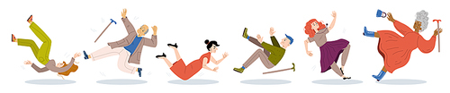 People fall down, clumsiness, danger accident, slip and stumble concept. Senior and young characters in ridiculous postures falling down on wet floor, Linear cartoon flat vector illustration, set
