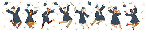 Student graduate jump, characters in gowns and academic caps rejoice, jumping and cheering up happy to get diploma certificate and degree, end of university education, Linear flat vector illustration