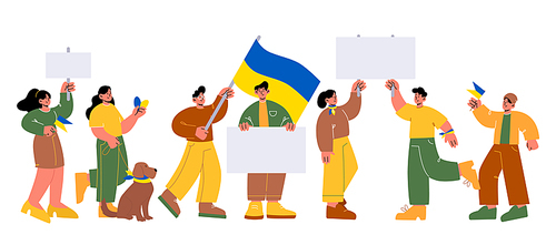 Riot against war on Ukraine, people holding yellow and blue Ukrainian flags and banners on demonstration to stop russian aggression. Young women and men protest, Line art flat vector illustration