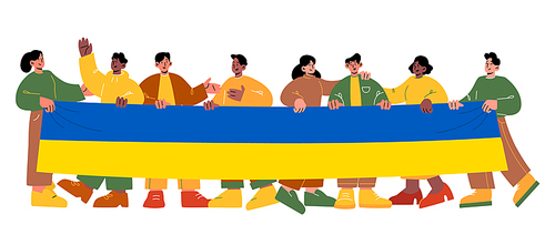 People holding Ukrainian flag, young men and women with long yellow and blue banner. Riot, demonstration to support Ukraine and war. Strike, protest, activism movement, Cartoon vector illustration