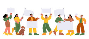 People holding blank flags and banners on protest demonstration, strike or picket. Vector flat illustration of crowd of men and women activists with white posters and placard