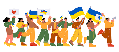 People protest against war in Ukraine on demonstration. Vector flat illustration of crowd of activists with Ukrainian flags and megaphone on demonstration for peace and freedom
