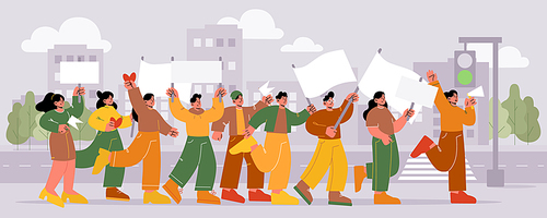 People with placards and banners protest on rally demonstration. Characters with red hearts, flags and signs crossing road at city street. Activists crowd picketing, Line art flat vector illustration