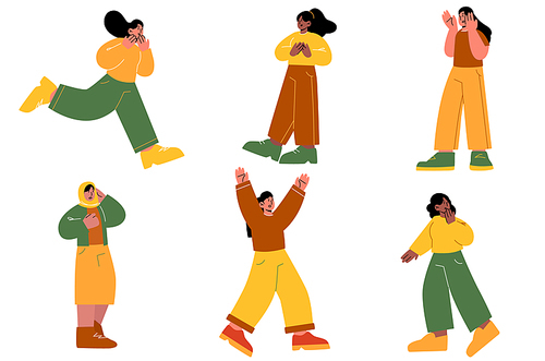 Frightened women, startled female characters scream, yell, escape danger. Diverse scared girls afraid phobia, panic attack, amazement and shock emotions, Linear cartoon flat vector illustration, set