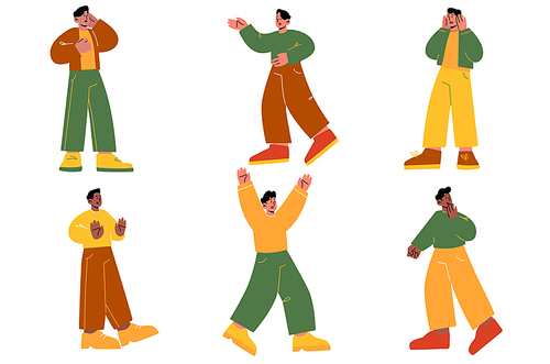 Men characters with negative emotions, scared, confused, amazed and indignant face expression. Vector flat illustration of diverse guys surprised, in panic, annoyed and with stop gesture