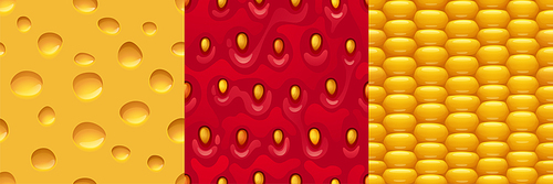 Cheese, strawberry and corn seamless textures for game. Food repeated patterns, 3d backgrounds, graphic ui or gui layers design, cheddar with holes, berry and maize closeup view, Vector illustration