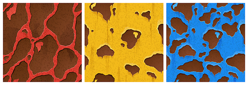 Rusty metal texture with holes, rust game design. Vector seamless background covered with red, yellow and blue paints and ferruginous spots on rough metallic surface, iron Cartoon illustration, set