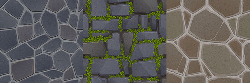 Game stone textures, seamless patterns of pavement, wall with rocks ivy or floor tiles top view. Textured natural backgrounds, realistic cobblestone surface, 2d ui or gui graphics, Vector layers set