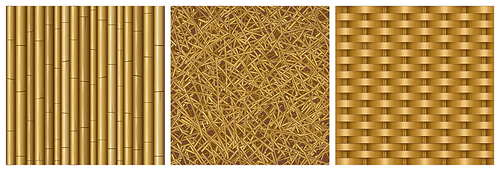 Game textures bamboo stems, straw and wicker seamless patterns. Realistic 3d tiles of natural materials rattan woven basket, dry grass and reed, textured design ui elements, Vector illustration set