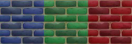 Brick wall, house facade texture for game interface. Vector cartoon seamless patterns of brickwork, vintage masonry with blue, green and red stone blocks and cement