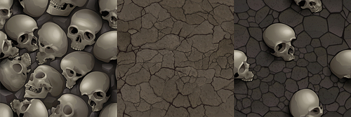 Textures of dry soil and ground with buried skulls, game vector background. Seamless patterns of cartoon dirty land surface with cracks and pile of human skeletons.