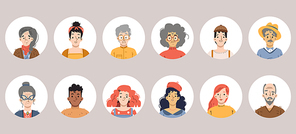 Diverse people avatars, person faces for social media profile. Vector set of male and female portraits with different hairstyle. Flat illustration of young and senior adult people heads