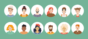people avatars for social media profile. vector flat illustration of set of men and women faces, diverse person heads with different hairstyle in circle . portraits of female and male characters