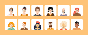 People avatars, square icons set with faces of young, mature and senior male or female characters. Diverse men or women of different nationalities, hair color and ages, Linear flat vector portraits