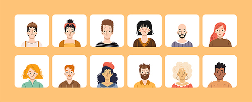 People avatars, square icons set with faces of young, mature and senior male or female characters. Diverse men or women of different nationalities, hair color and ages, Linear flat vector portraits