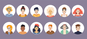 Diverse people round avatars, isolated icons with faces of young and old male and female characters. Men or women with different ages, appearance and hair color, Linear flat vector portraits set