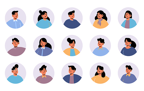 People avatars, round icons with faces of male and female characters. Young men or women with black hair color, different portraits for social media and web design, isolated Line art flat vector set