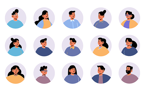 People avatars, round icons with faces of young and adult male and female characters. Men or women with black hair color, human portraits for social media profiles, isolated line art flat vector set