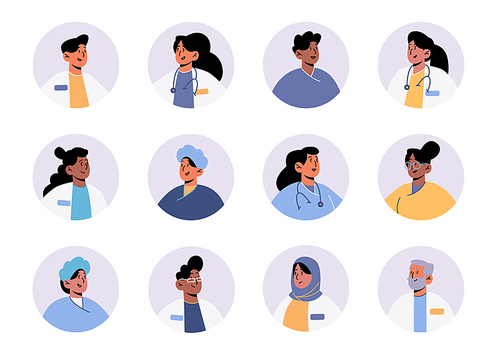 Avatars of doctors and hospital healthcare staff, isolated round icons set. Faces of medics in robes with stethoscopes, clinic nurses characters, medicine occupation, Linear flat vector illustration
