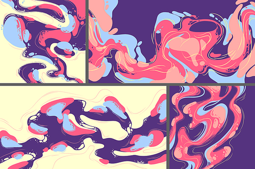 Modern backgrounds with abstract pattern of liquid blobs, flow shapes and lines. Vector creative posters set with flat illustration, trendy design with paint splashes and waves