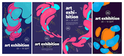 Art exhibition flyers with abstract painting on background. Vector vertical banners of modern gallery with creative artwork with hand drawn fluid shapes and grunge texture