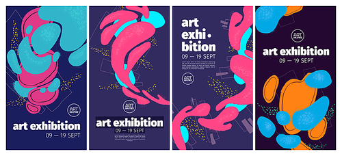 Art exhibition flyers with abstract painting on background. Vector vertical banners of modern gallery with creative artwork with hand drawn fluid shapes and grunge texture