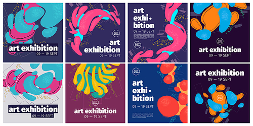 art center exhibition banners with abstract background with hand drawn fluid shapes and grunge texture. vector posters of modern gallery with creative painting