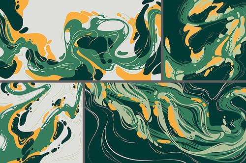 Abstract art backgrounds, modular painting arts with green and yellow liquid stains, swirls, shapes, linear and grunge elements. Paint brush texture decoration, modular posters Vector illustration set