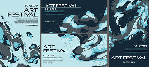 Abstract posters or flyers for art festival, creative backgrounds with discrete painting blue and grey colors, liquid stains, shapes and splashes. Paint decoration, modern design, Vector illustration