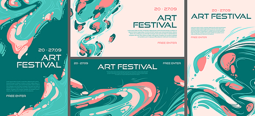 Art festival abstract posters or flyers, invitation to exhibition or exposition. Creative backgrounds with modern painting design in art deco style with colorful stains and flow splashes, Vector set