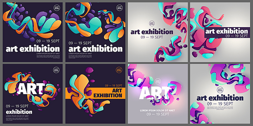 art exhibition posters with creative  of glossy fluid shapes. vector template for social media in dark and light theme. square banners of modern gallery or art center